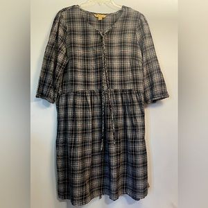 April Cornell Vintage Style Plaid Black and Pink Strip Flannel Dress